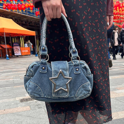 Fashion Retro Metal Five-pointed Star Decoration Denim Handbag For Women