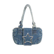 Fashion Retro Metal Five-pointed Star Decoration Denim Handbag For Women