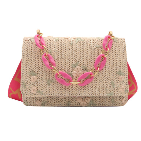 Women's Fashion Straw Small Square Bag Acrylic Chain