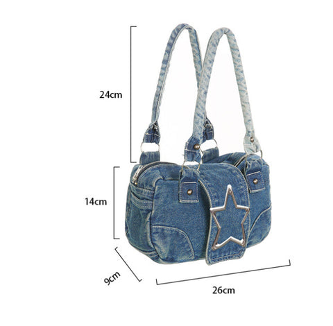 Fashion Retro Metal Five-pointed Star Decoration Denim Handbag For Women